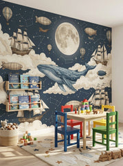 Whale space wallpaper mural with flying whale, full moon, clouds, sailing ships and vintage airships in a kids playroom.