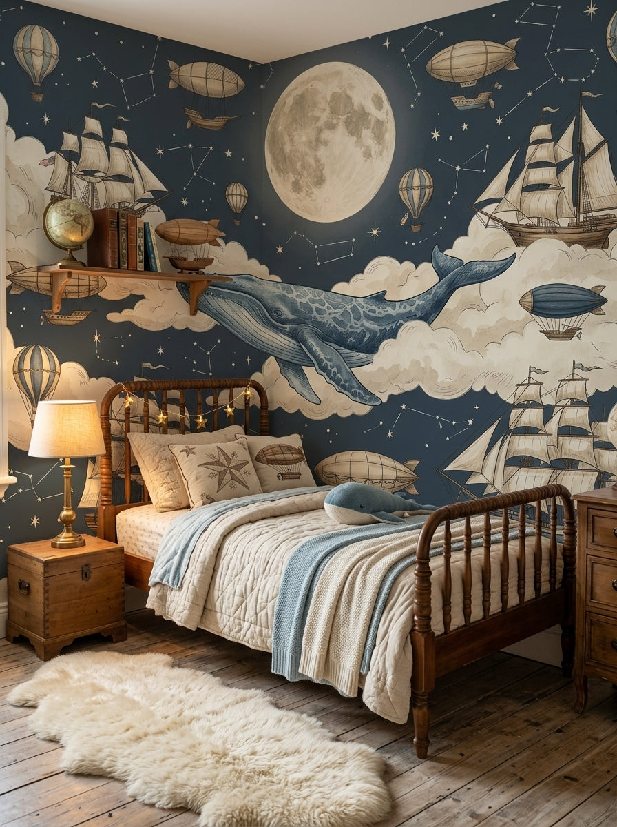Dark blue kids wallpaper with large flying whale, moon, constellations, ships and hot air balloons behind a wooden bed.
