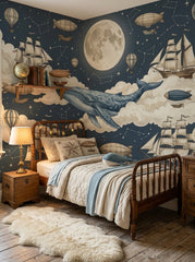 Dark blue kids wallpaper with large flying whale, moon, constellations, ships and hot air balloons behind a wooden bed.