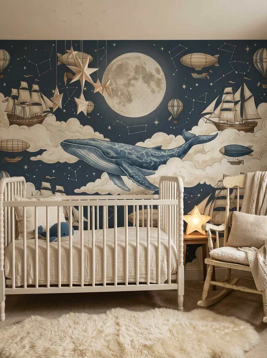 Adventure nursery wallpaper featuring a blue whale flying through clouds beneath a full moon with ships and airships.