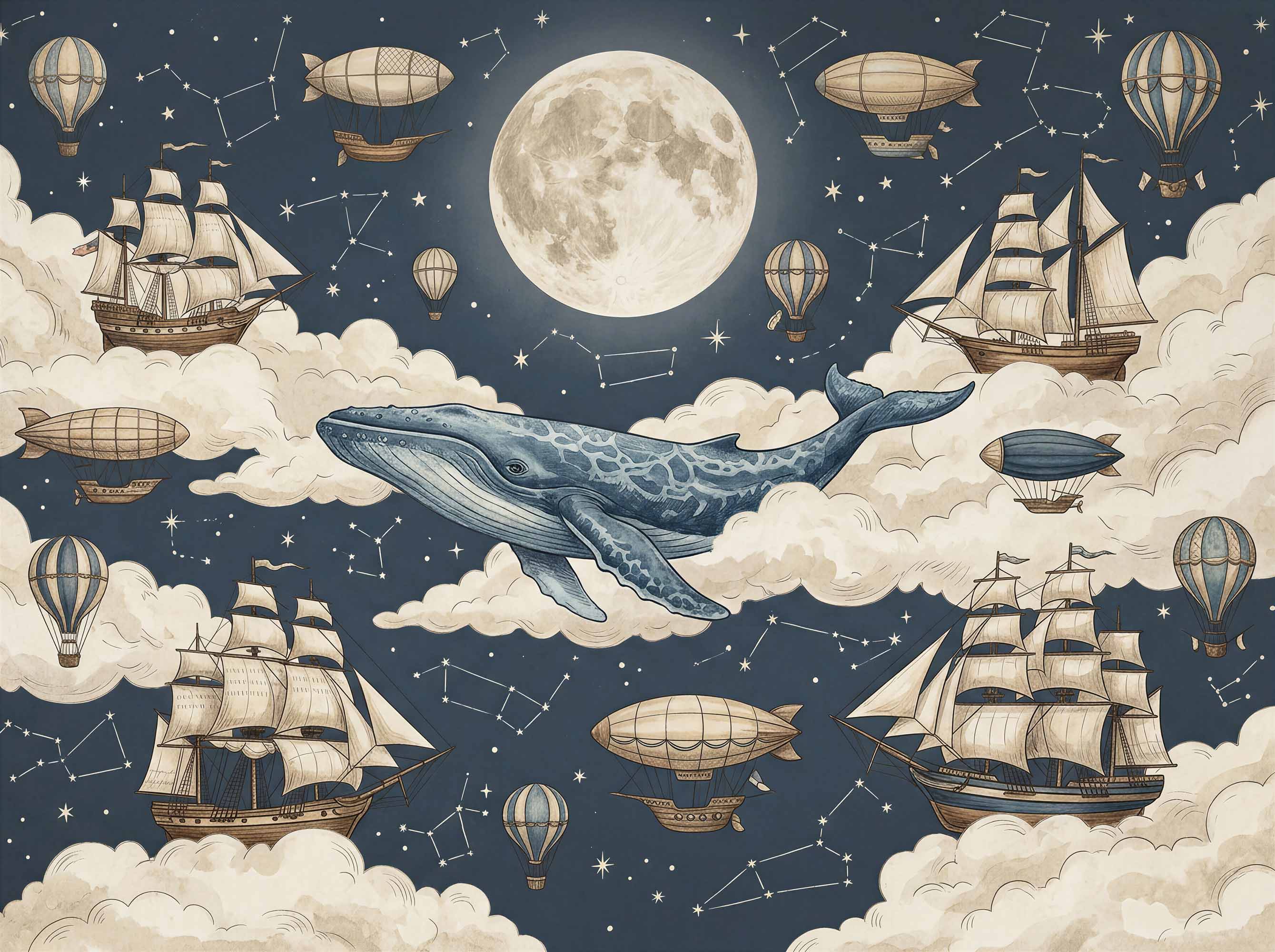 Storybook nautical space mural with flying whale, sailing ships, moon, constellations and cream clouds for a child’s room.