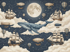 Storybook nautical space mural with flying whale, sailing ships, moon, constellations and cream clouds for a child’s room.