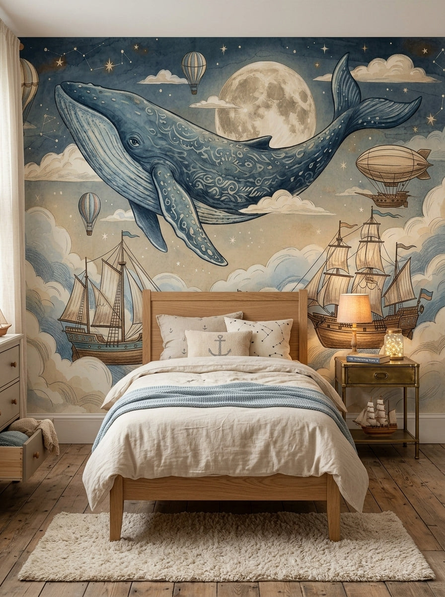Large blue whale wall mural with moon, stars, vintage ships and clouds in a children’s playroom with wooden furniture.