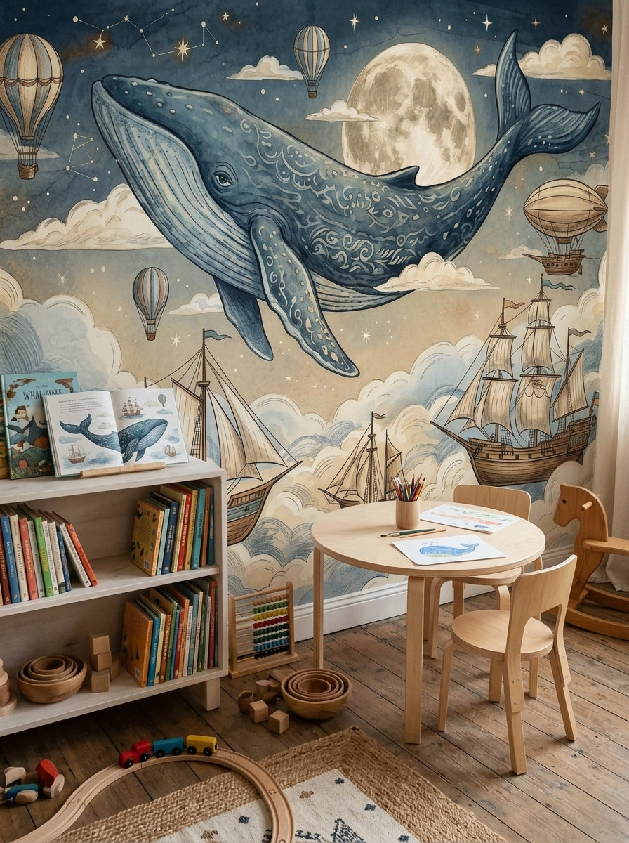 Whimsical whale and moon wallpaper with sailing ships, airships and clouds in a cozy kids reading corner.