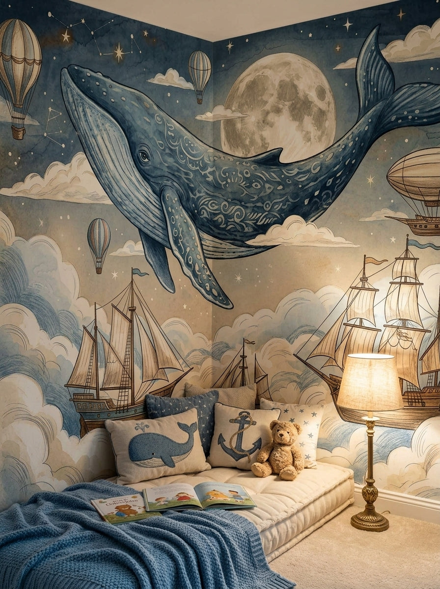 Flying whale wallpaper mural with full moon, clouds, sailing ships and hot air balloons behind a wooden kids bed.
