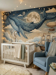Nautical nursery wallpaper featuring a flying blue whale, glowing moon, vintage ships, clouds and constellations.