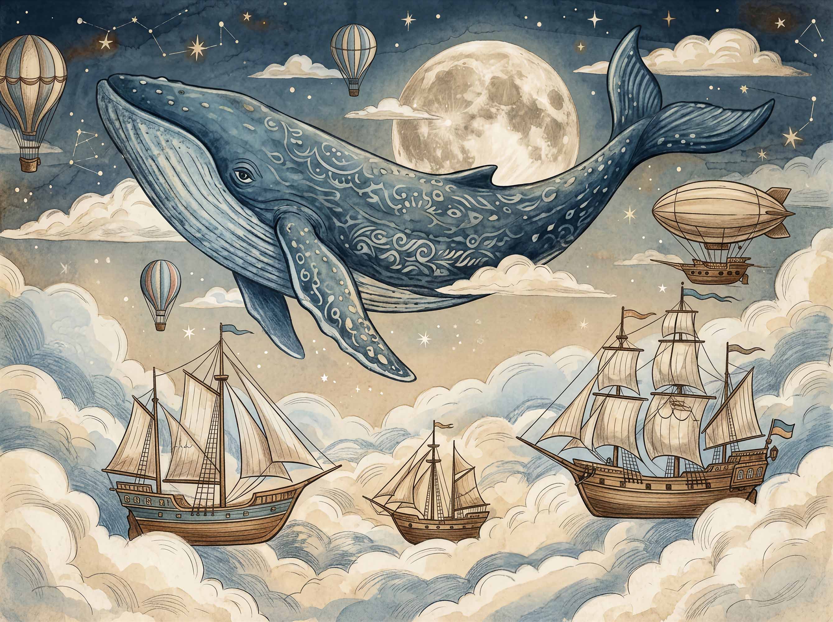 Vintage flying whale wall mural with full moon, sailing ships, clouds and celestial details for a child’s bedroom.