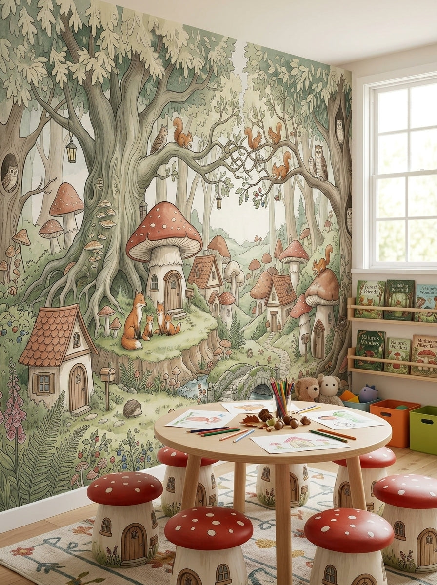 Storybook woodland wall mural featuring foxes, mushroom cottages, squirrels and giant trees in a cozy reading corner.