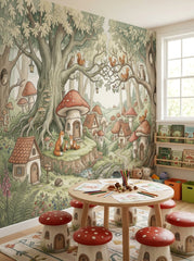 Storybook woodland wall mural featuring foxes, mushroom cottages, squirrels and giant trees in a cozy reading corner.