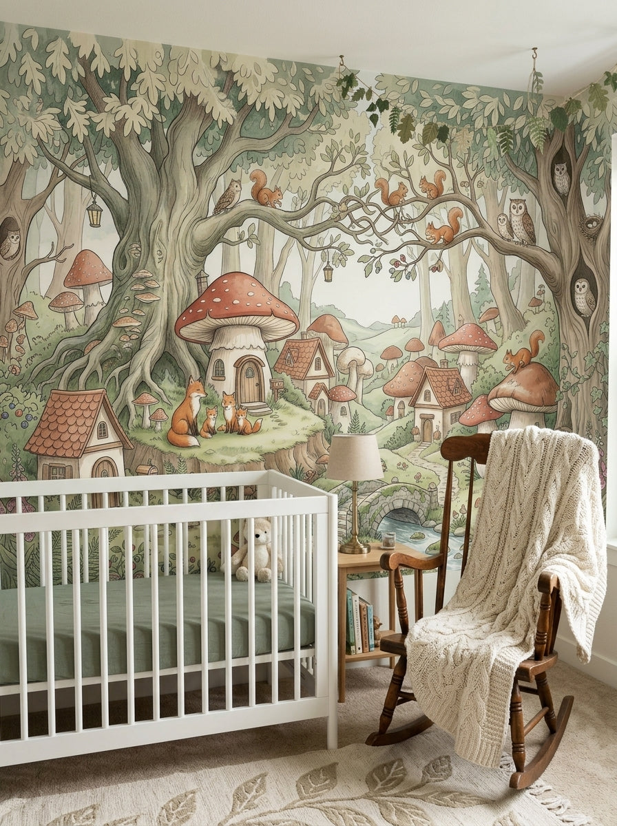 Whimsical forest wallpaper mural with mushroom houses, fox family, squirrels and owls behind a white nursery crib.