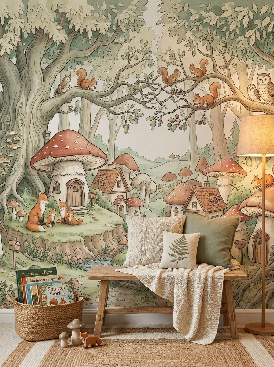 Woodland mushroom village wallpaper with foxes, squirrels, owls, giant trees and storybook cottages in a kids playroom.