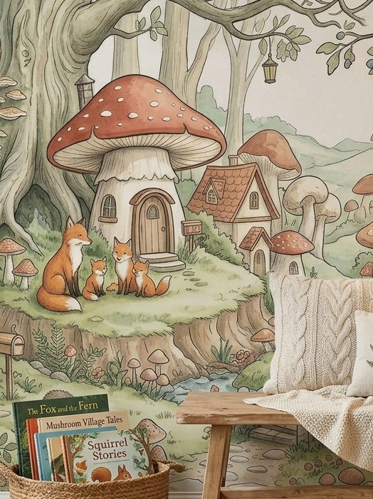 Close-up of mushroom village wallpaper with fox family, woodland houses, winding path and large red toadstool home.