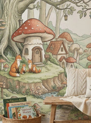Close-up of mushroom village wallpaper with fox family, woodland houses, winding path and large red toadstool home.