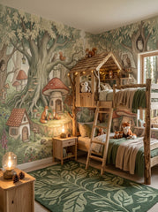 Forest animal wallpaper with foxes, squirrels, owls and mushroom houses in a rustic woodland kids bedroom.