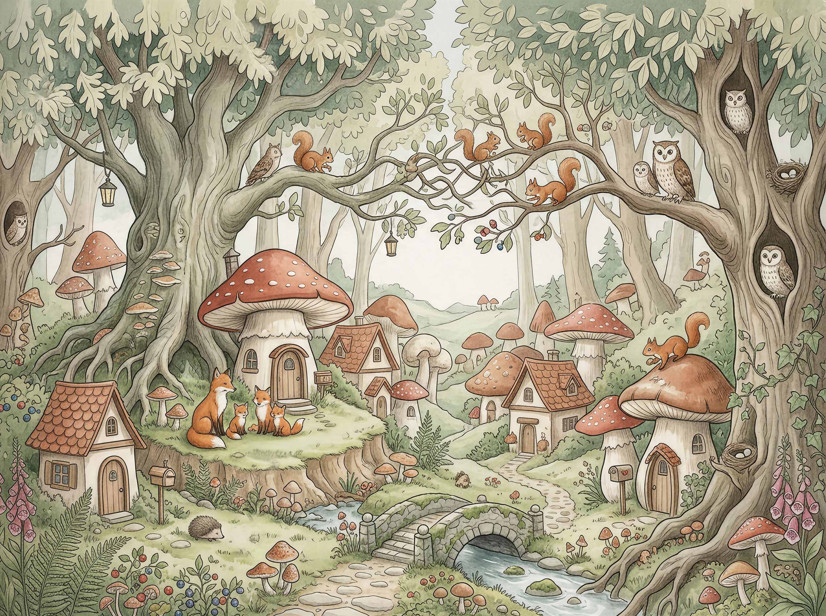 Vintage woodland nursery mural with giant trees, mushroom cottages, stone bridge, foxes, squirrels and forest animals.