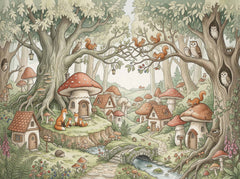Vintage woodland nursery mural with giant trees, mushroom cottages, stone bridge, foxes, squirrels and forest animals.