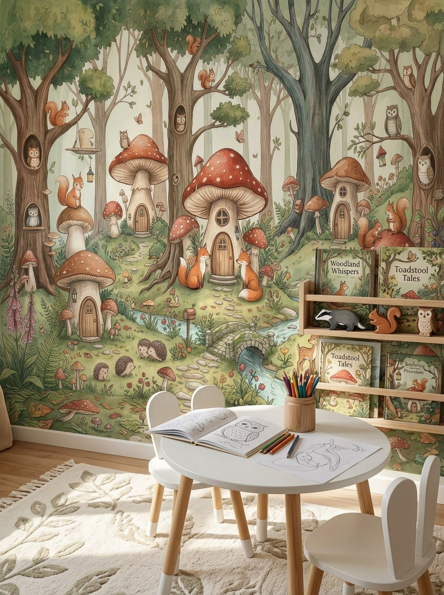 Whimsical forest mural with large mushroom houses, foxes, owls and woodland animals behind a cozy kids sofa.