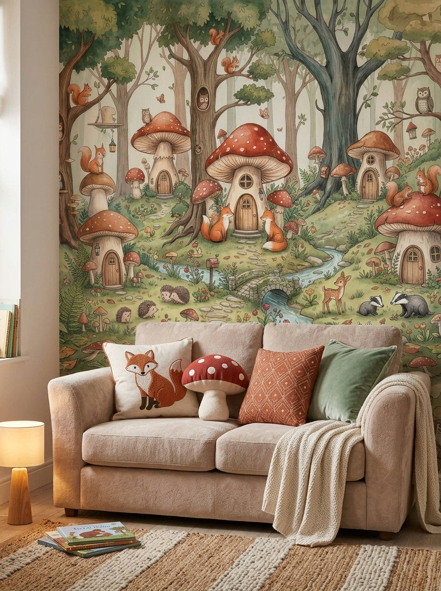 Close-up of woodland wallpaper showing red mushroom houses, foxes, hedgehogs, stream and stone bridge.