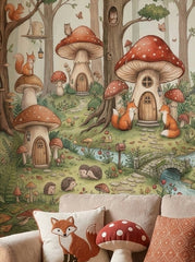 Forest animal wallpaper with mushroom village, foxes, squirrels, deer and owls in a cozy children's bedroom.