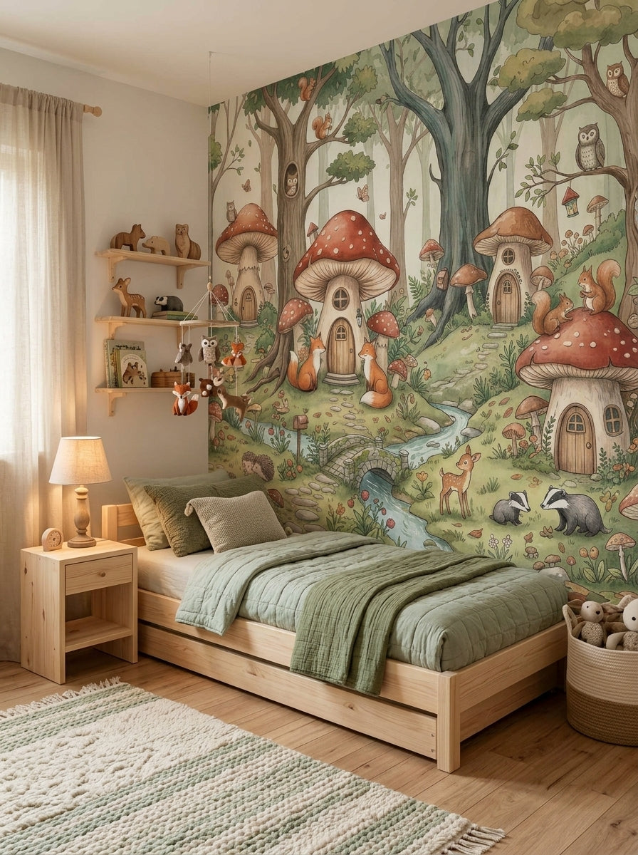 Woodland nursery mural with oversized toadstool houses, foxes, squirrels, owls and a winding forest stream.