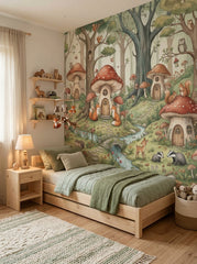 Woodland nursery mural with oversized toadstool houses, foxes, squirrels, owls and a winding forest stream.