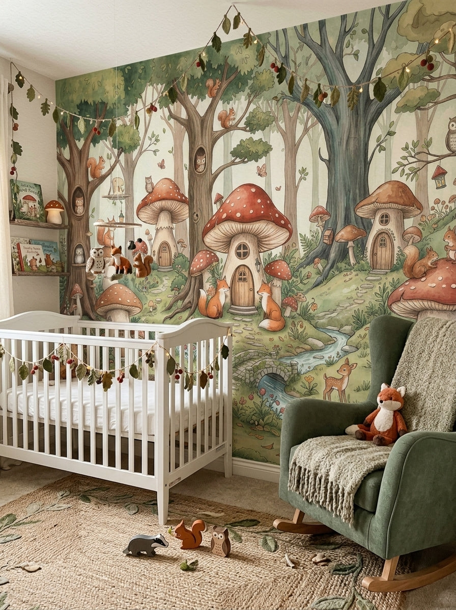 Woodland mushroom village wallpaper with foxes, squirrels, owls, deer and forest animals in a kids playroom.