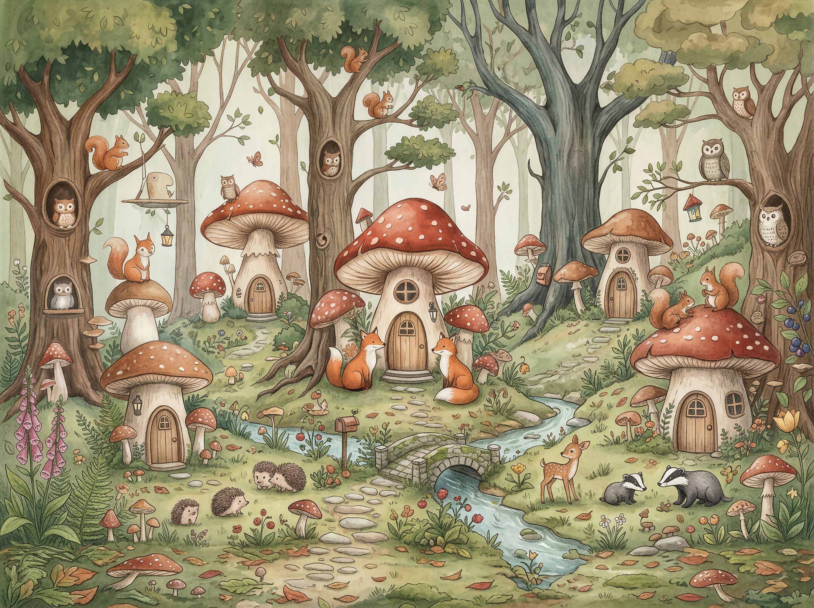 Storybook forest wallpaper featuring mushroom cottages, woodland animals, giant trees, flowers and stone bridge.