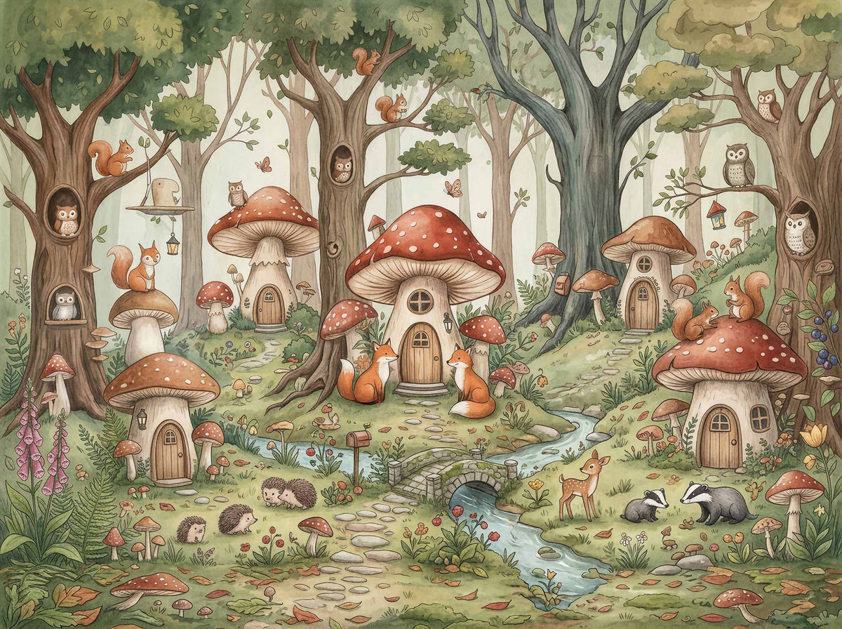 Papier peint village de champignons de la forêt – Papier peint panoramique forêt fantaisiste