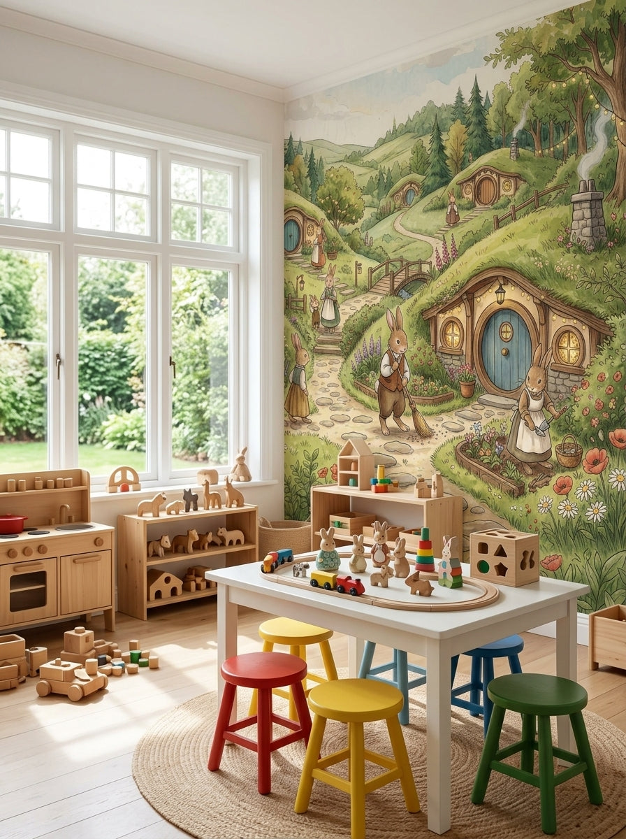 Whimsical bunny village wallpaper with cozy hill homes, rabbits, bridge and flower gardens in a children's reading corner.
