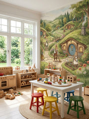 Whimsical bunny village wallpaper with cozy hill homes, rabbits, bridge and flower gardens in a children's reading corner.