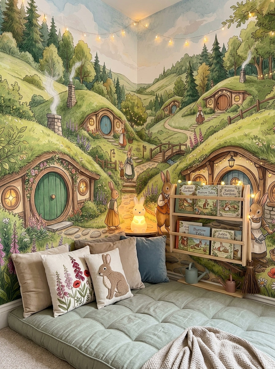 Storybook rabbit village mural with green countryside, round burrow doors and bunny characters behind a kids bed.