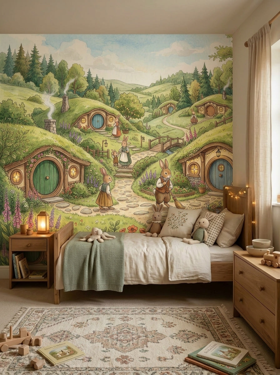Rabbit village wallpaper mural with bunny burrow houses, green hills and woodland paths in a bright kids playroom.
