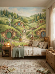 Rabbit village wallpaper mural with bunny burrow houses, green hills and woodland paths in a bright kids playroom.