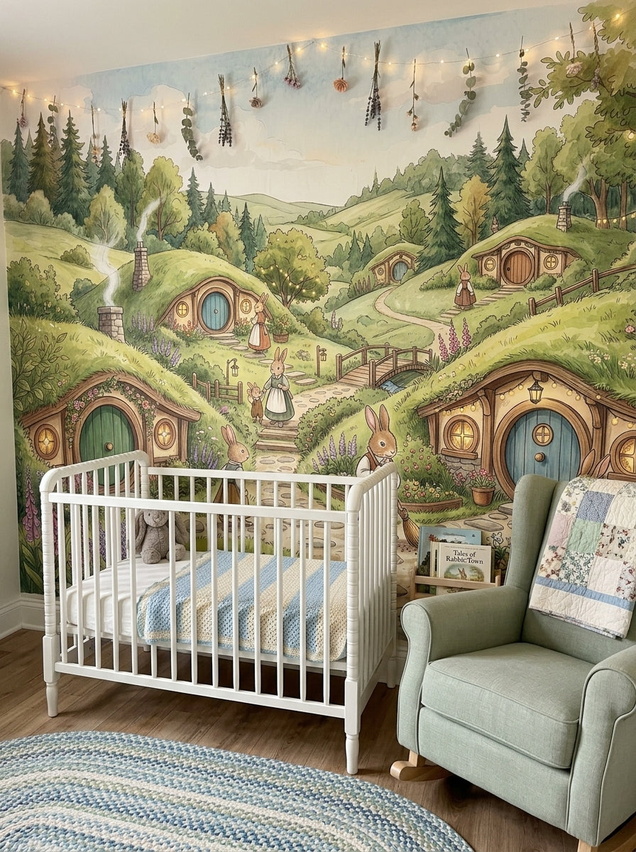 Bunny burrow nursery wallpaper with rabbits, cottage doors, wildflowers and rolling hills behind a white crib.