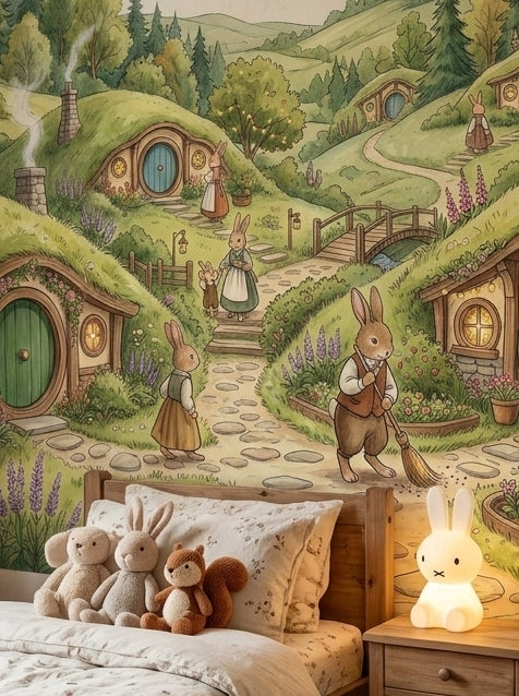 Close-up of rabbit village wallpaper showing bunny characters, stone paths, flower gardens and cozy hillside homes.