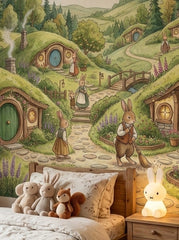 Close-up of rabbit village wallpaper showing bunny characters, stone paths, flower gardens and cozy hillside homes.
