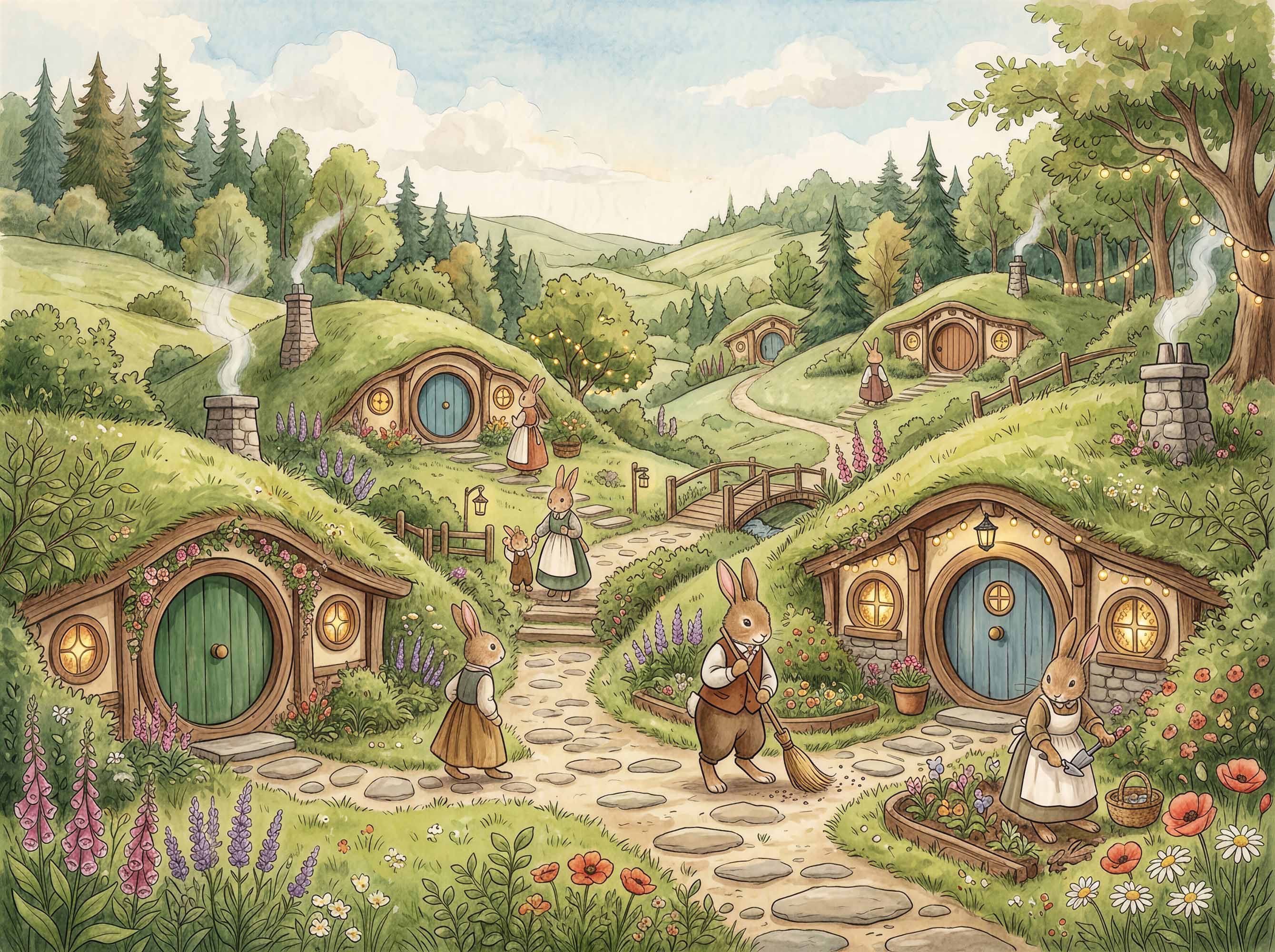 Whimsical countryside wallpaper featuring rabbit families, burrow cottages, bridge, wildflowers and green rolling hills.