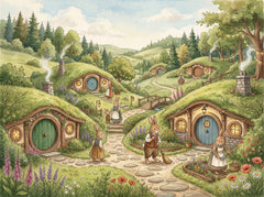 Whimsical countryside wallpaper featuring rabbit families, burrow cottages, bridge, wildflowers and green rolling hills.