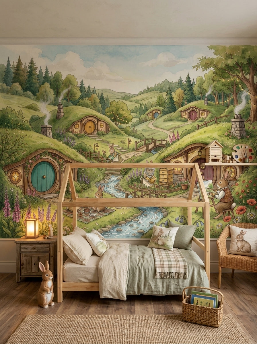 Whimsical bunny countryside wallpaper with rabbit homes, flowers and stream in a bright nursery with white crib.