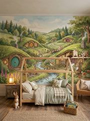 Whimsical bunny countryside wallpaper with rabbit homes, flowers and stream in a bright nursery with white crib.