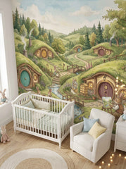 Storybook rabbit village mural with burrow cottages, bridges and bunny characters in a colorful kids playroom.