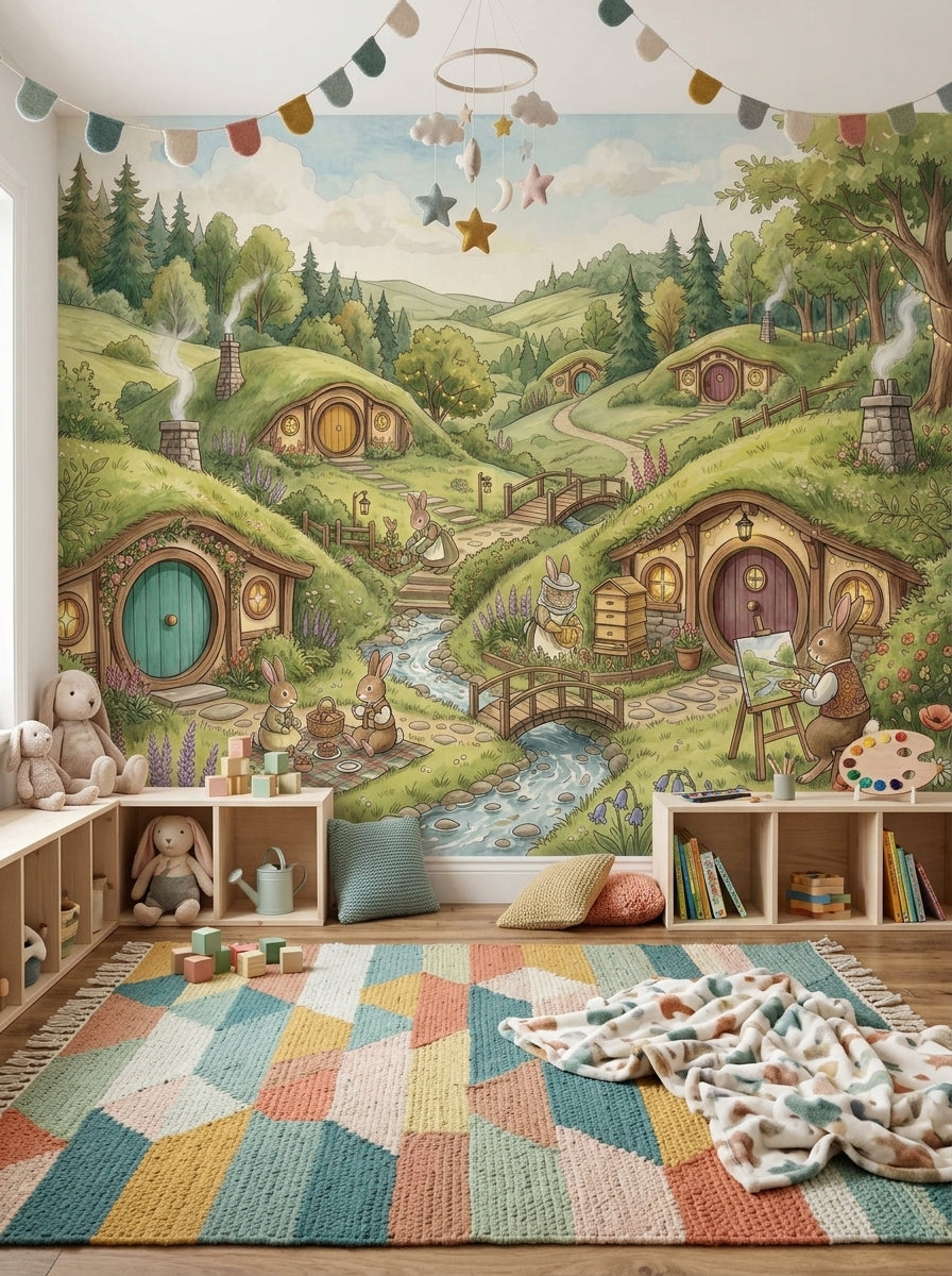 Bunny village wallpaper with watercolor green hills, cozy rabbit homes and stream behind a children’s study desk.