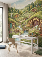 Close-up of rabbit village mural showing bunny picnic, gardener, bridge, stream and cozy hillside homes.