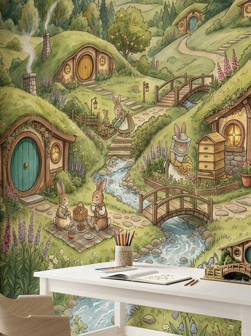 Rabbit village wallpaper mural with bunny burrow houses, green hills, stream and wooden bridges behind a kids house bed.