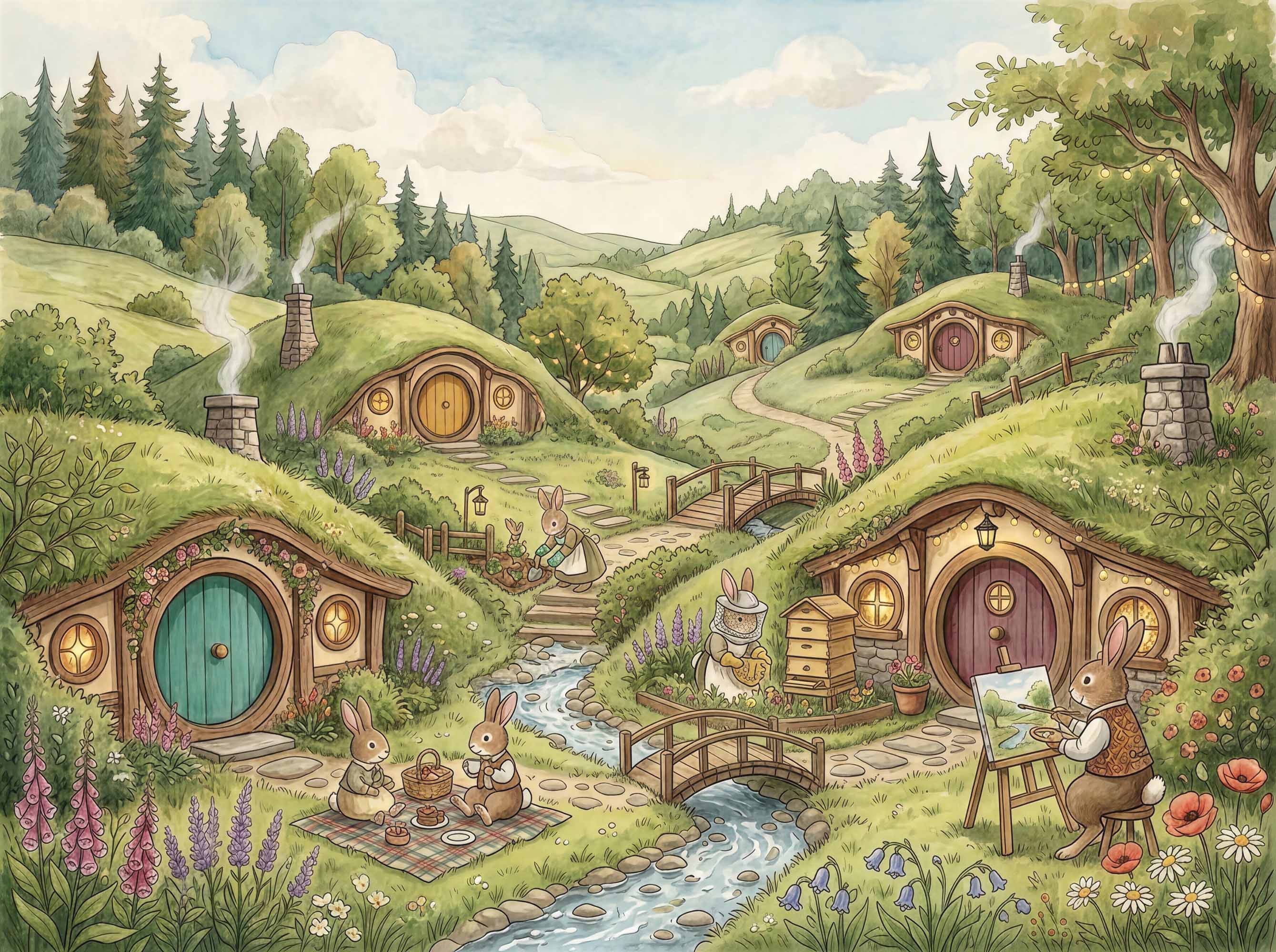Watercolor rabbit countryside wallpaper with burrow houses, wildflowers, rabbits and winding paths through green hills.