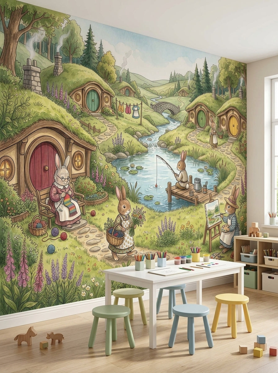 Whimsical bunny countryside mural with rabbit homes, fishing bunny and flower garden in a cozy reading room.