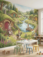 Whimsical bunny countryside mural with rabbit homes, fishing bunny and flower garden in a cozy reading room.