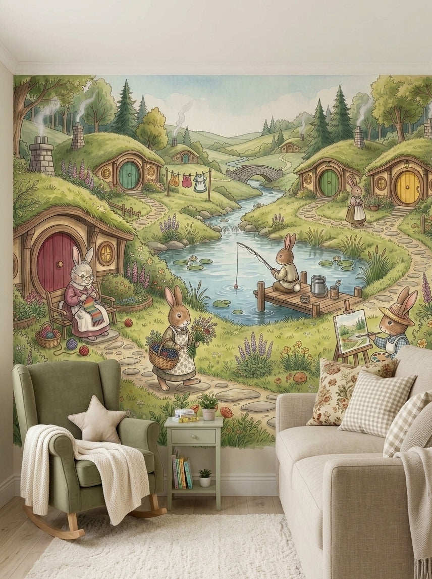 Close-up of rabbit village wallpaper showing grandmother bunny knitting beside a burrow house and bunny carrying flowers.