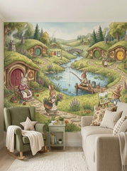 Close-up of rabbit village wallpaper showing grandmother bunny knitting beside a burrow house and bunny carrying flowers.