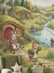 Rabbit village wallpaper mural with bunny burrow houses, stream, stone bridge and wildflowers in a bright kids playroom.